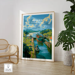 Panama travel poster featuring the Panama Canal with cargo ships, lush green hills, and vibrant sky, perfect for home wall art.