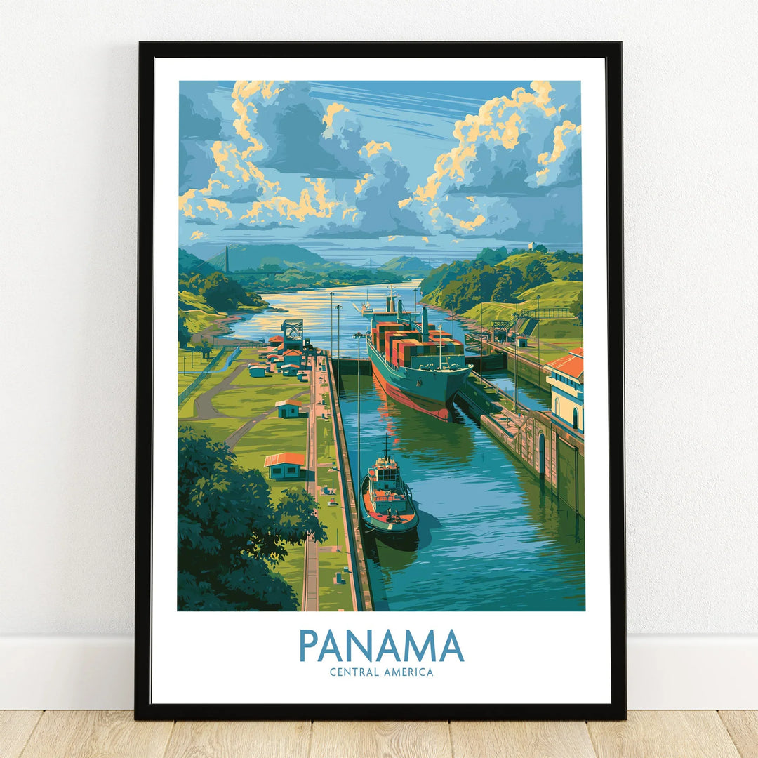 Panama Canal travel poster with cargo ship, lush green hills, and vibrant sky for home decor