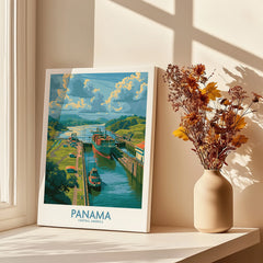 Panama travel poster featuring canal, ships, and lush greenery, perfect for home decor