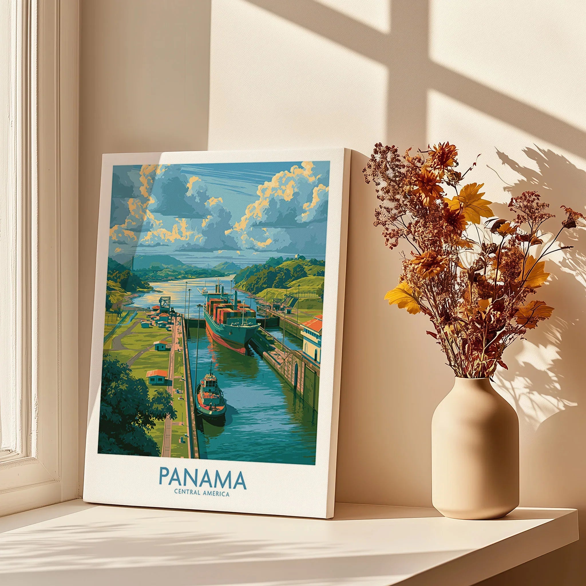 Panama travel poster featuring canal, ships, and lush greenery, perfect for home decor