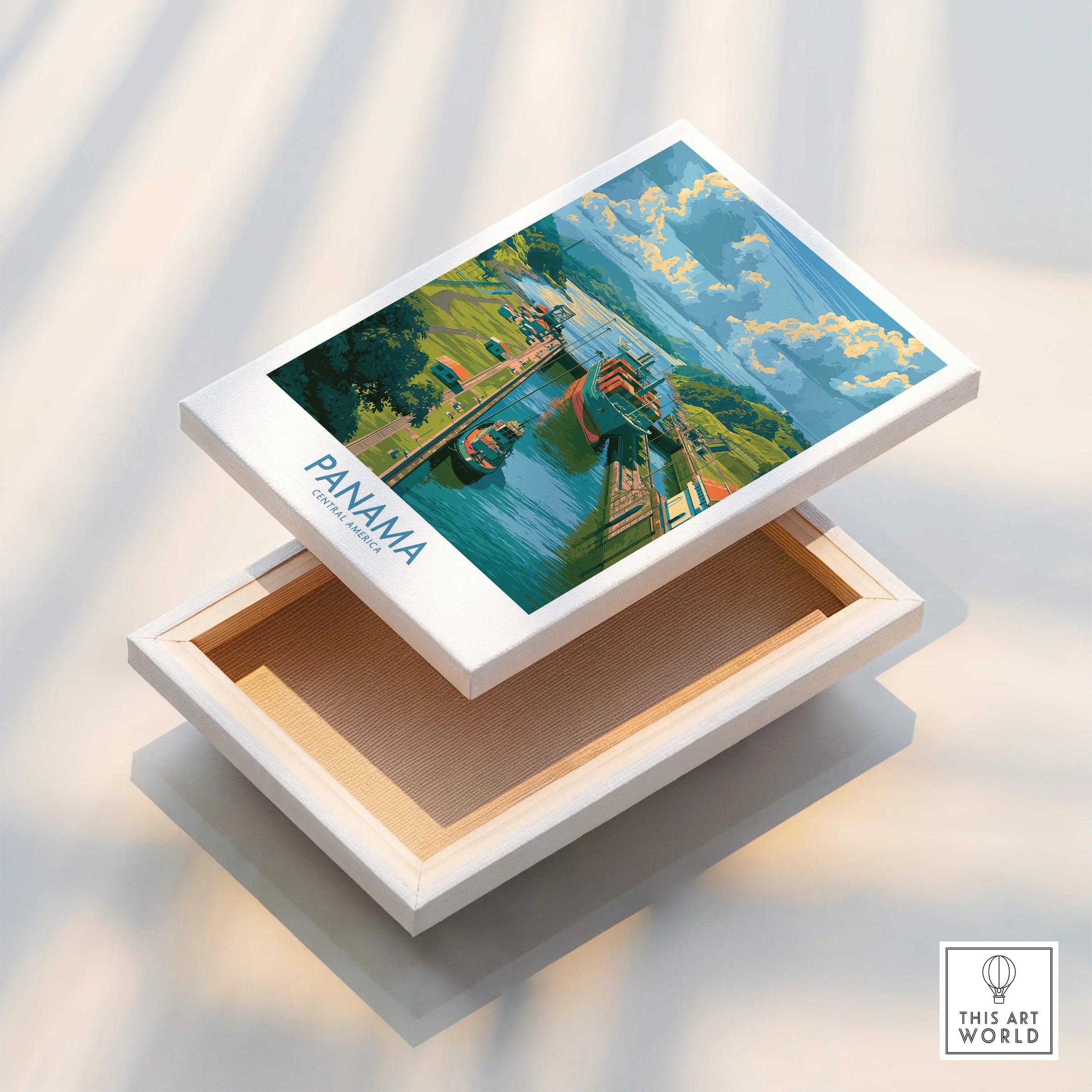 Panama travel poster featuring canal ships, lush greenery, and vibrant skies for home decor