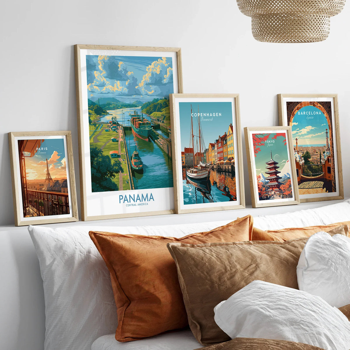 Travel posters of Paris, Panama, Copenhagen, Tokyo, and Barcelona for home decor wall art
