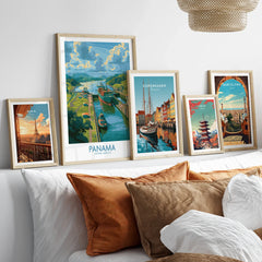 Travel posters of Paris, Panama, Copenhagen, Tokyo, and Barcelona for home decor wall art