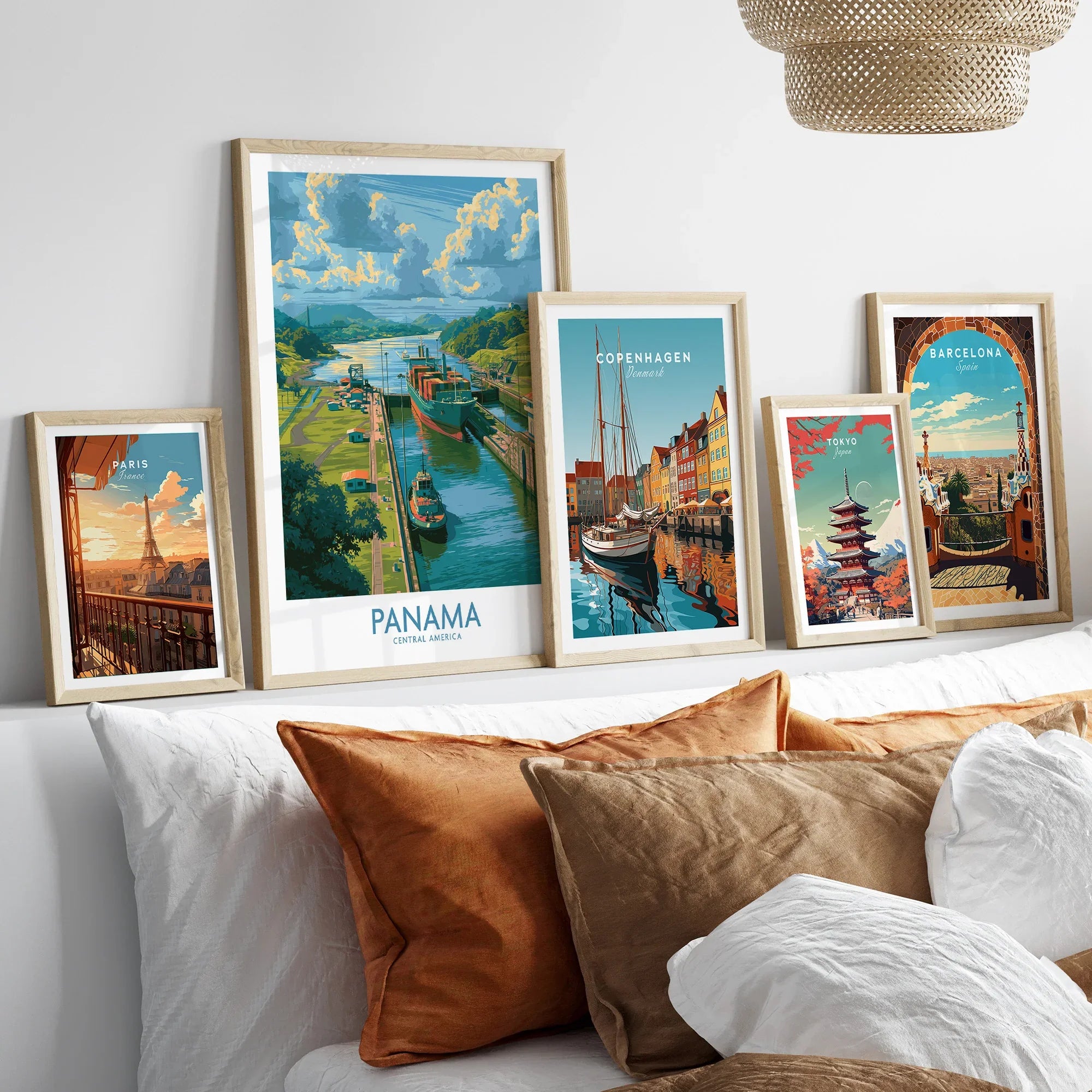 Travel posters of Paris, Panama, Copenhagen, Tokyo, and Barcelona for home decor wall art