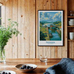 Panama travel poster featuring canal, ships, and lush greenery, perfect for home decor