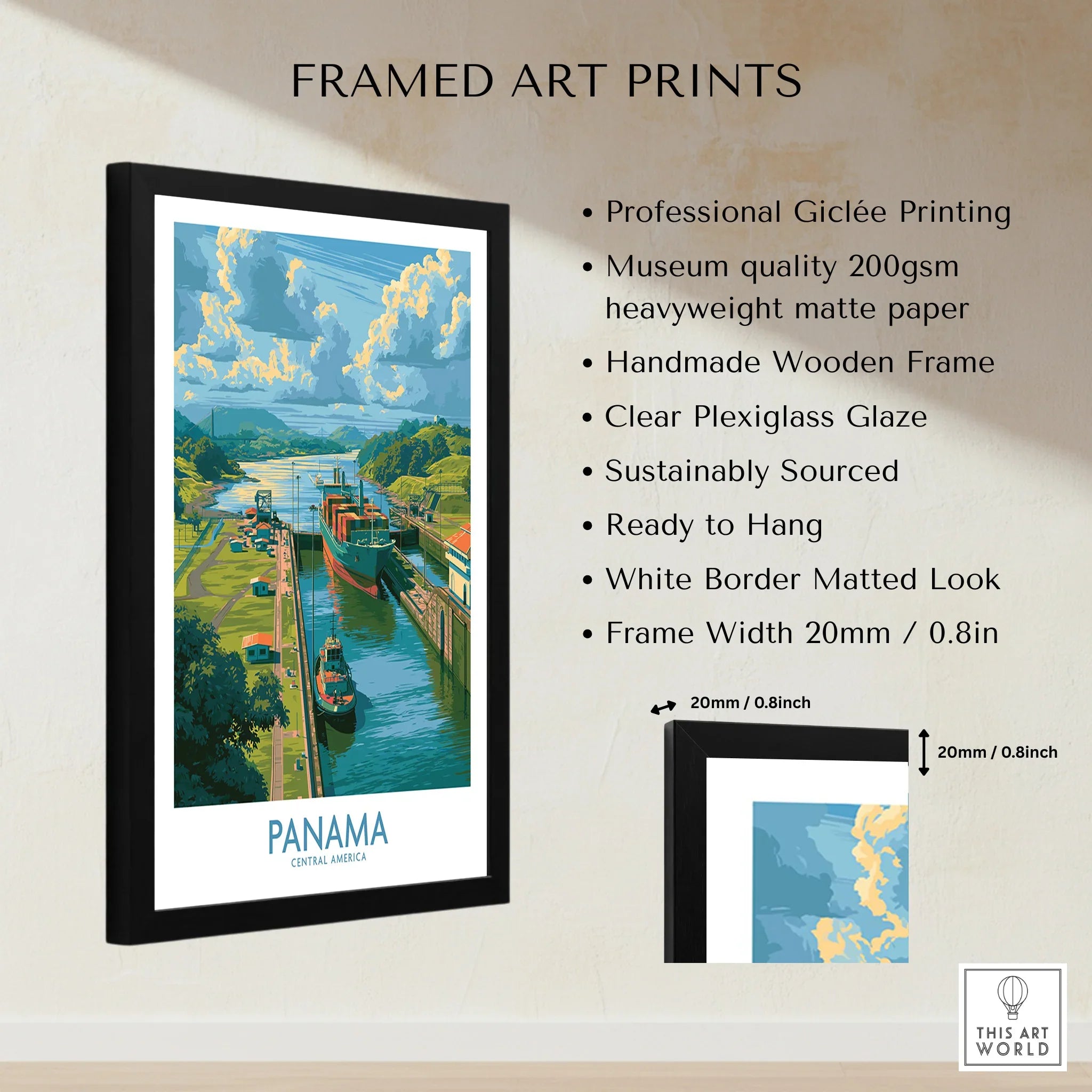 Panama travel poster art print with canal scene, framed wall decor for home