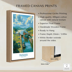 Framed Panama travel poster print with canal scene, handmade wooden frame, ready to hang wall art
