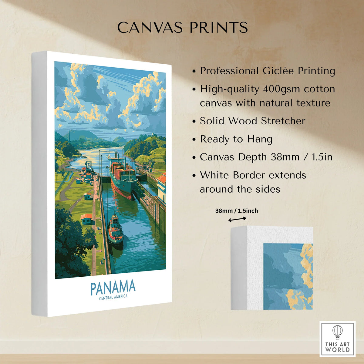Panama travel poster canvas print with canal scene, vibrant colors, and white border for home decor