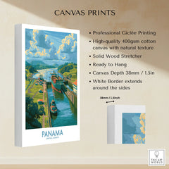 Panama travel poster canvas print with canal scene, vibrant colors, and white border for home decor