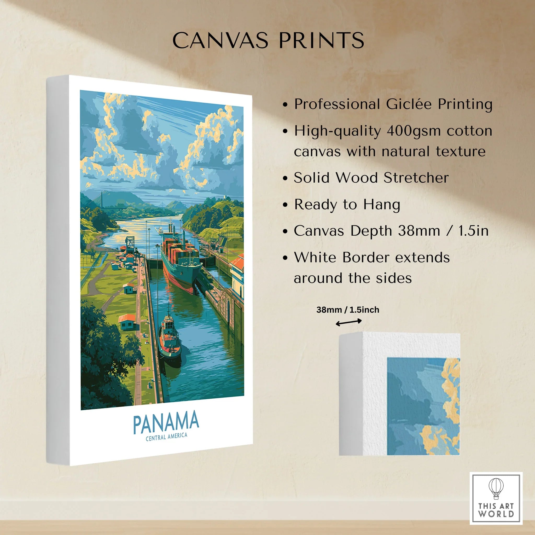 Panama travel poster canvas print with canal scene, vibrant colors, and white border for home decor