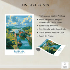 Panama travel poster featuring canal, ships, and lush greenery, ideal for home decor