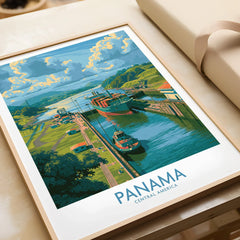 Panama Central America travel poster featuring canal, ships, and lush greenery for wall art decor
