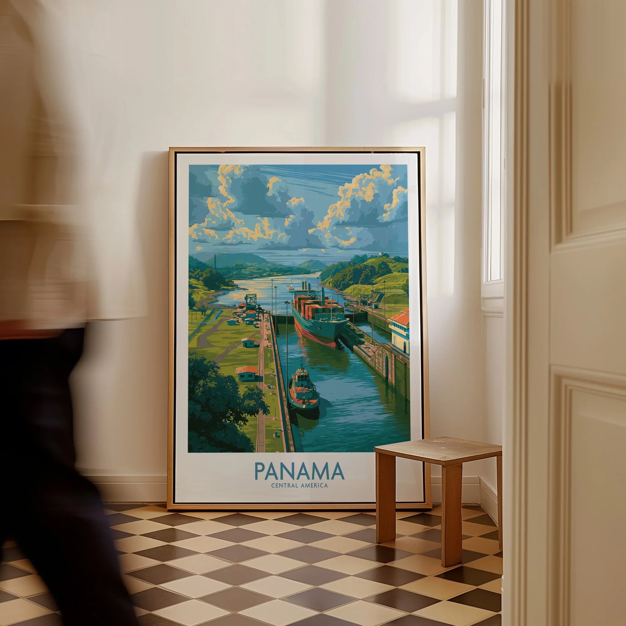 Panama travel poster featuring canal, ships, and lush greenery for home decor