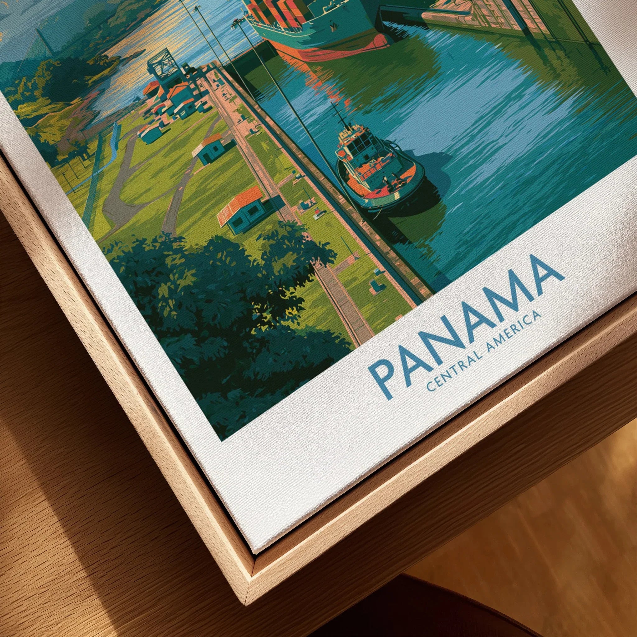 Panama Central America travel poster with canal, boats, and vibrant green landscapes
