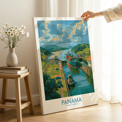 Panama travel poster featuring canal, ships, and lush greenery for home decor
