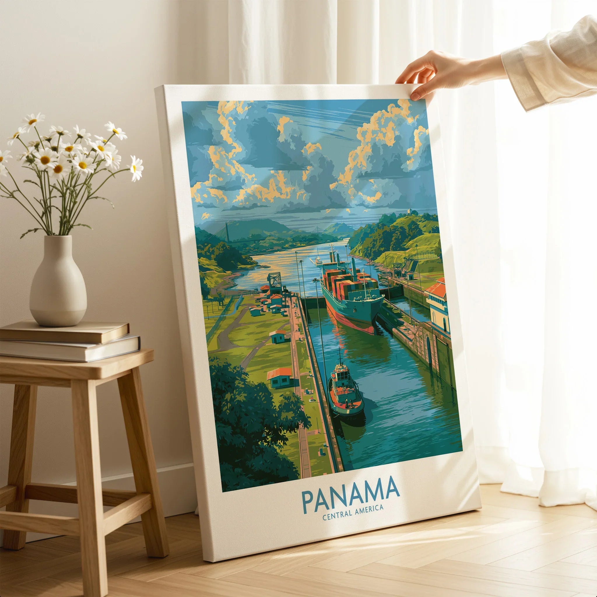 Panama travel poster featuring canal, ships, and lush greenery for home decor