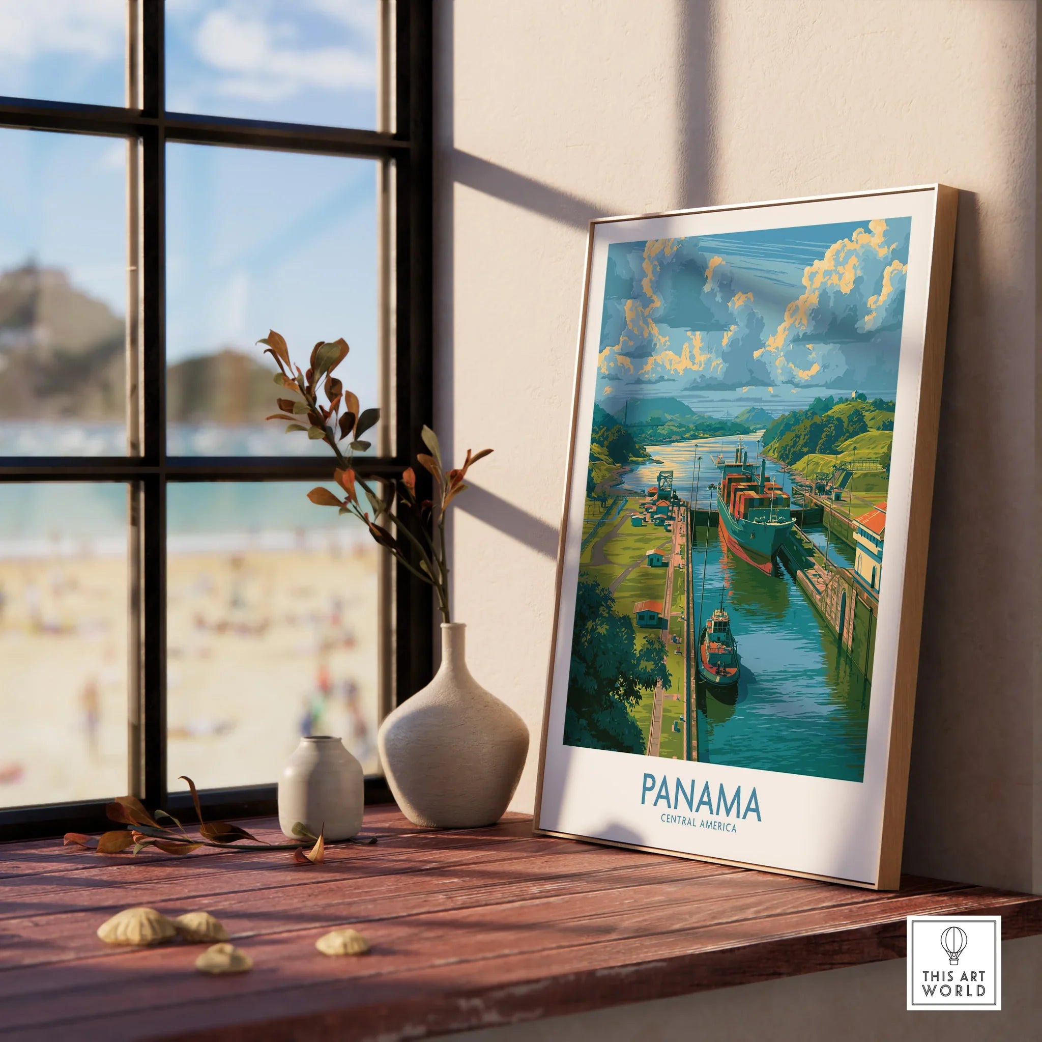 Panama travel poster featuring canal, ships, and lush greenery, ideal for home decor