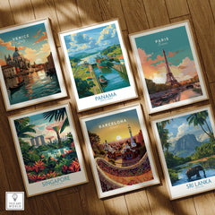 Travel posters of Venice, Paris, Panama, Singapore, Barcelona, and Sri Lanka for home decor