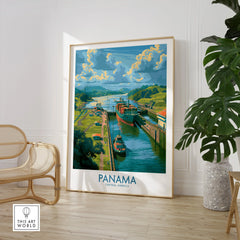 Panama Canal travel poster with cargo ships, lush green hills, and vibrant sky, perfect for home decor