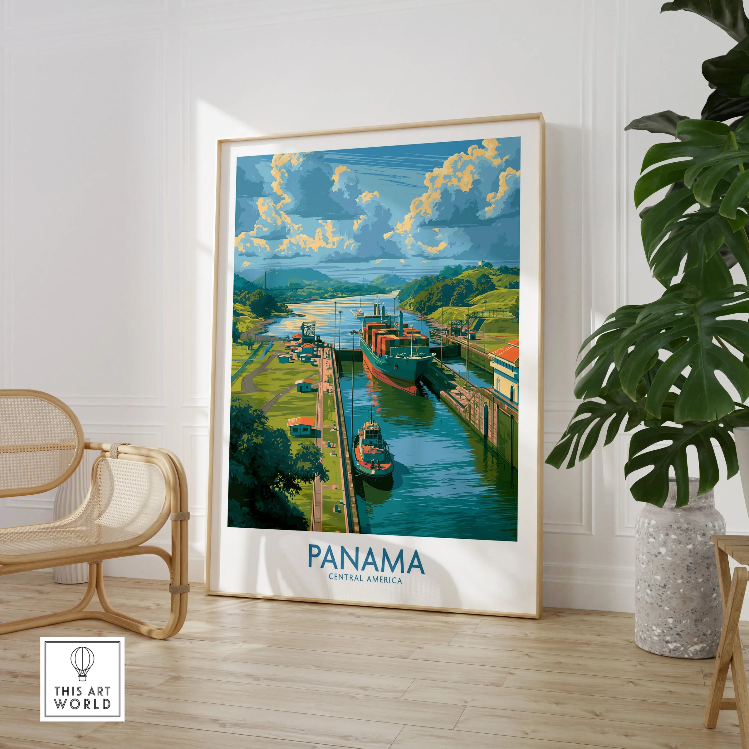 Panama Canal travel poster with cargo ships, lush green hills, and vibrant sky, perfect for home decor