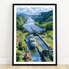 Panama Canal travel poster with cruise ship, lush green hills, and Central America scenery for wall art.