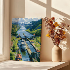Panama Central America travel poster featuring canal, ship, and lush green hills for home decor