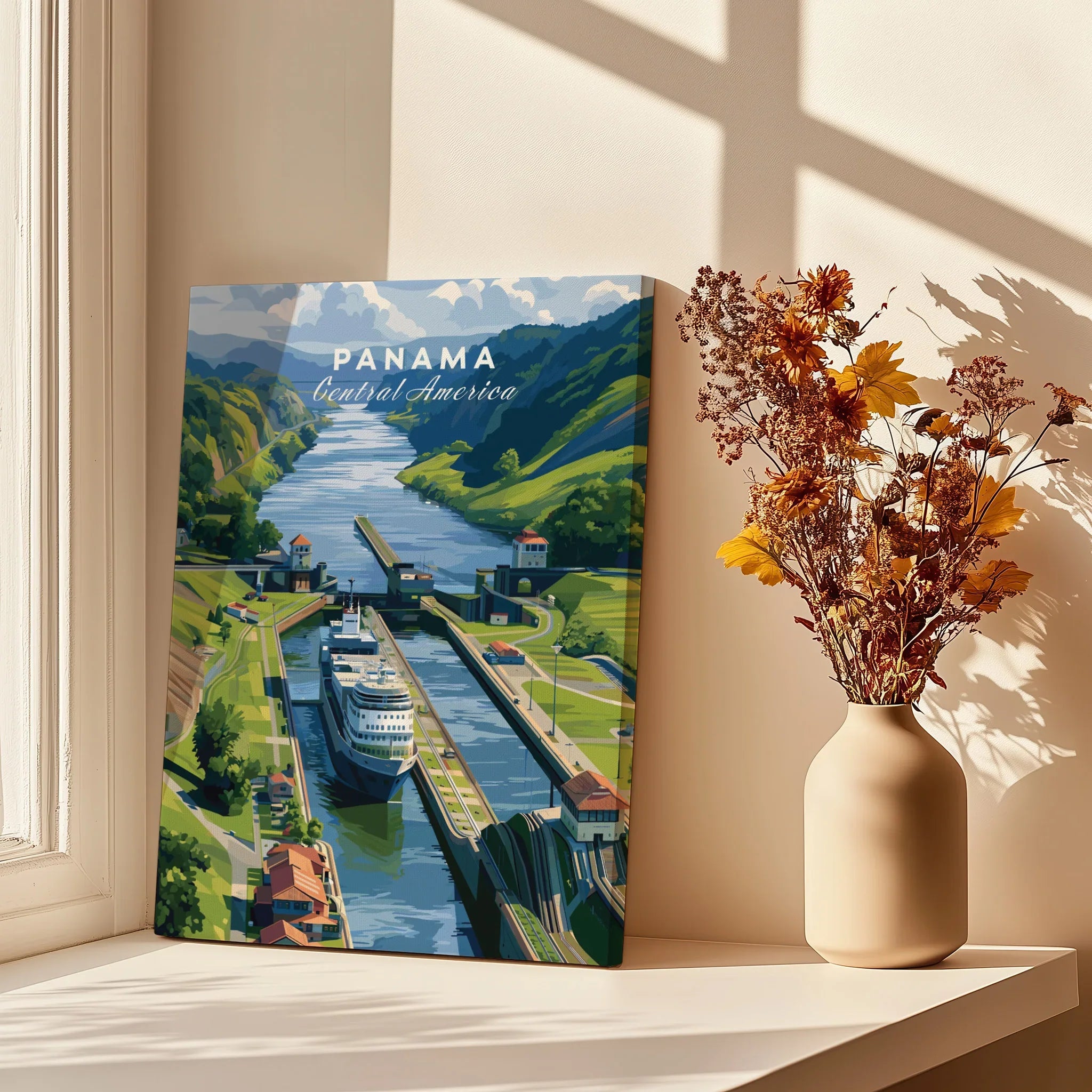 Panama Central America travel poster featuring canal, ship, and lush green hills for home decor