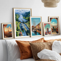 Travel posters of Paris, Panama, Copenhagen, Tokyo, and Barcelona for home decor wall art