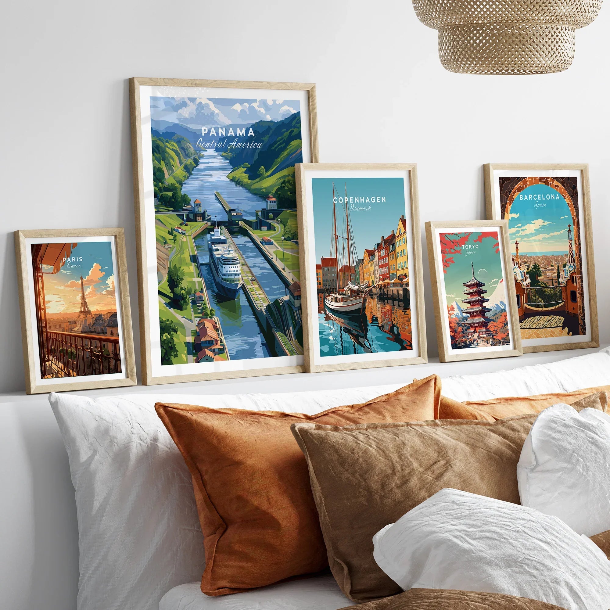 Travel posters of Paris, Panama, Copenhagen, Tokyo, and Barcelona for home decor wall art
