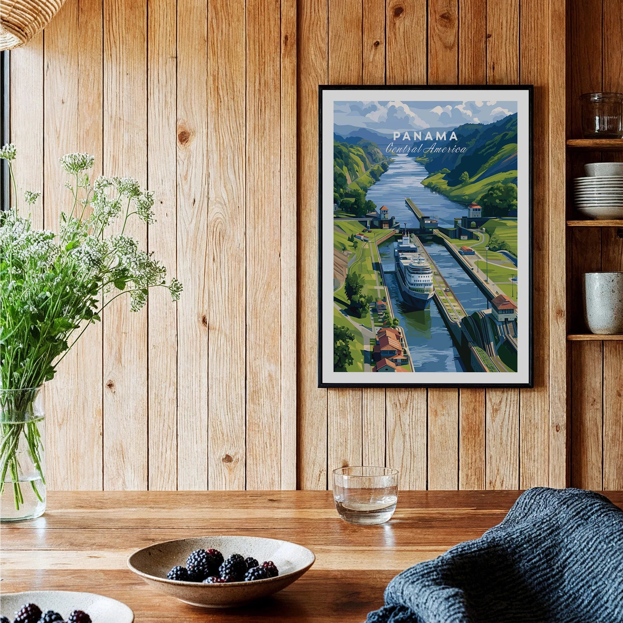 Panama Central America travel poster featuring canal, lush green hills, and a cruise ship, perfect for wall art.