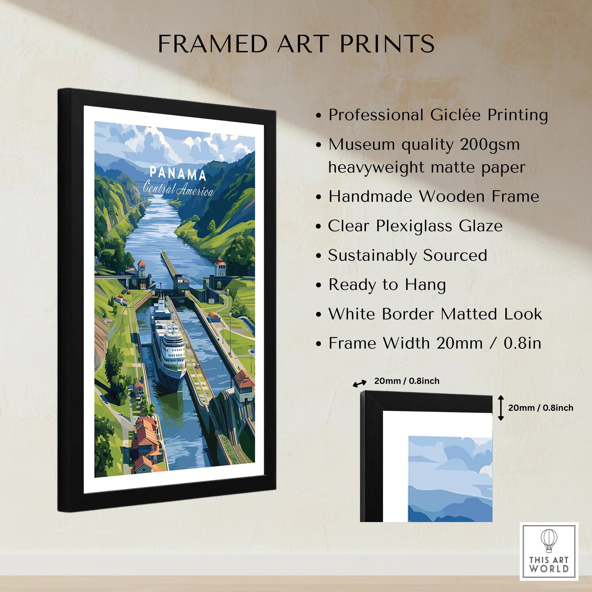 Panama Central America travel poster with canal and cruise ship, framed art print for home decor