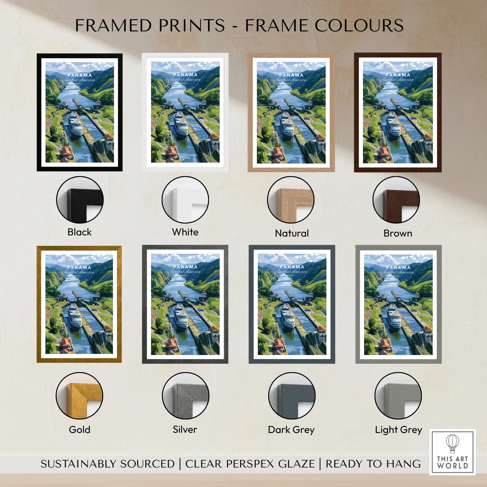 Panama Canal travel poster in various frame colors for home decor