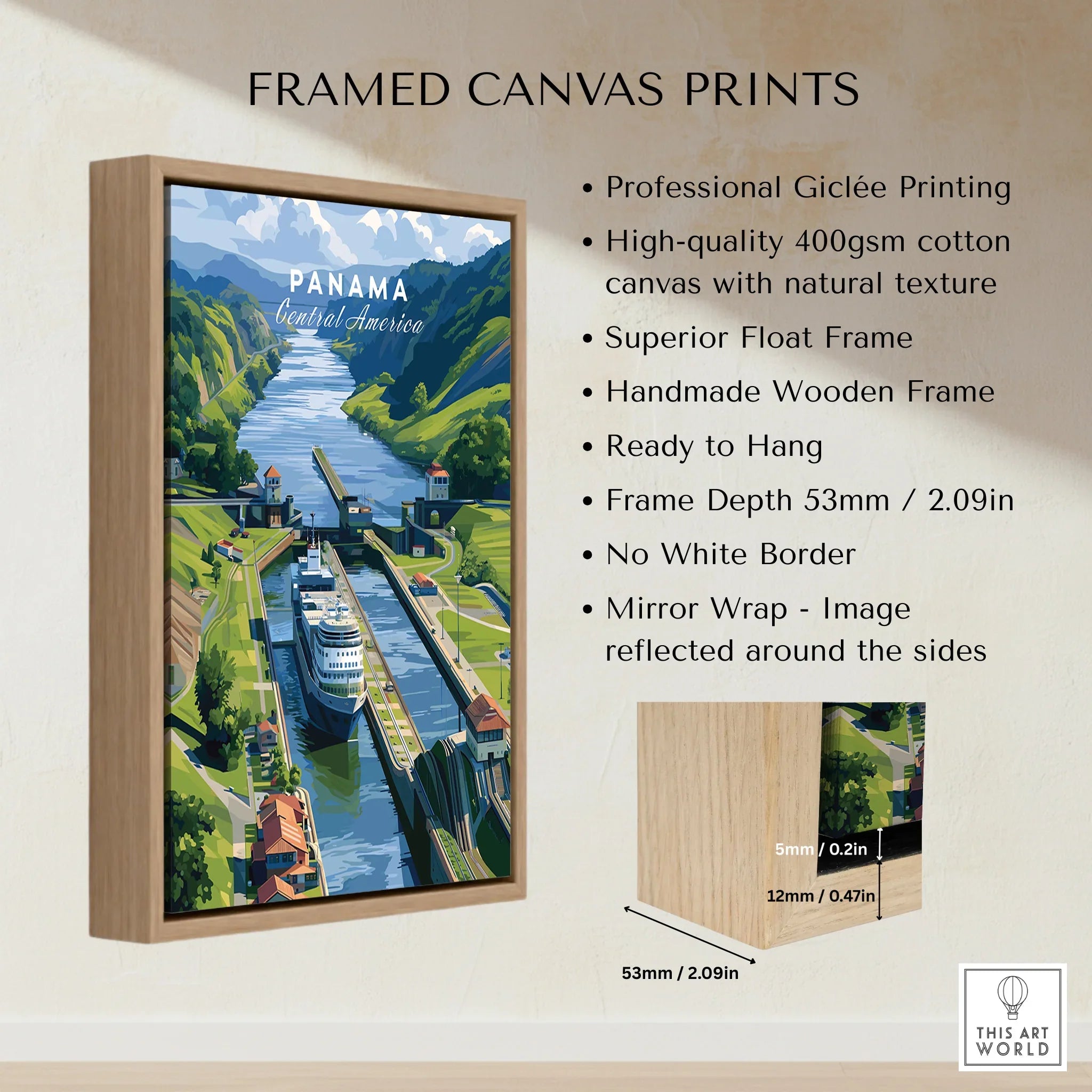 Panama Canal travel poster with cruise ship, framed canvas print for home decor