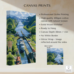 Panama Canal travel poster canvas print with lush green hills and ship, ideal for home decor