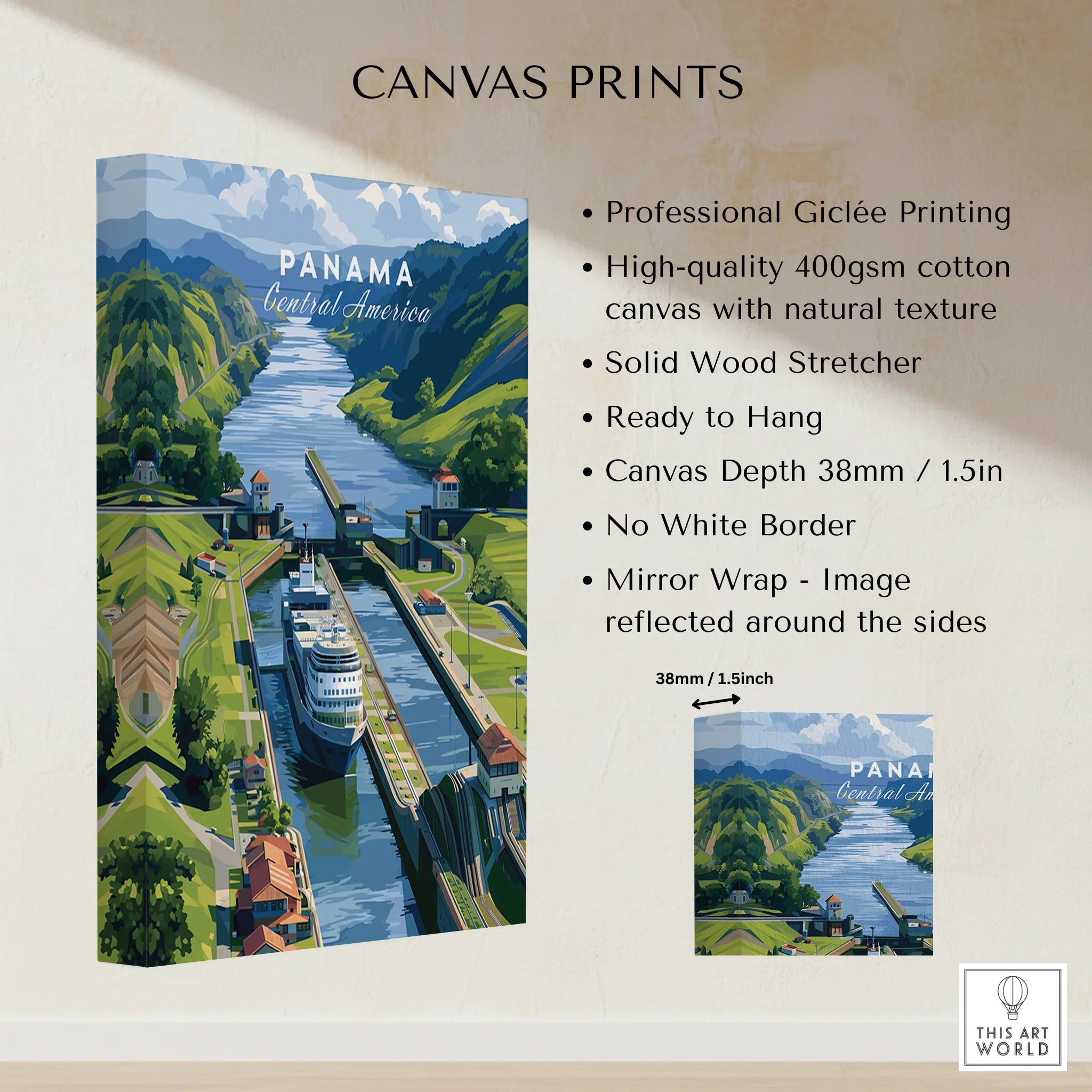 Panama Canal travel poster canvas print with lush green hills and ship, ideal for home decor
