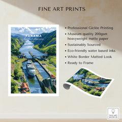 Panama Canal travel poster with cruise ship, lush green hills, and white border matted look