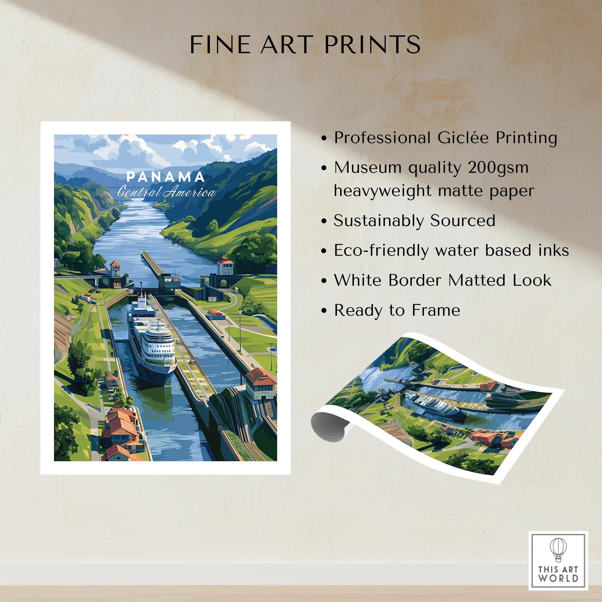 Panama Canal travel poster with cruise ship, lush green hills, and white border matted look