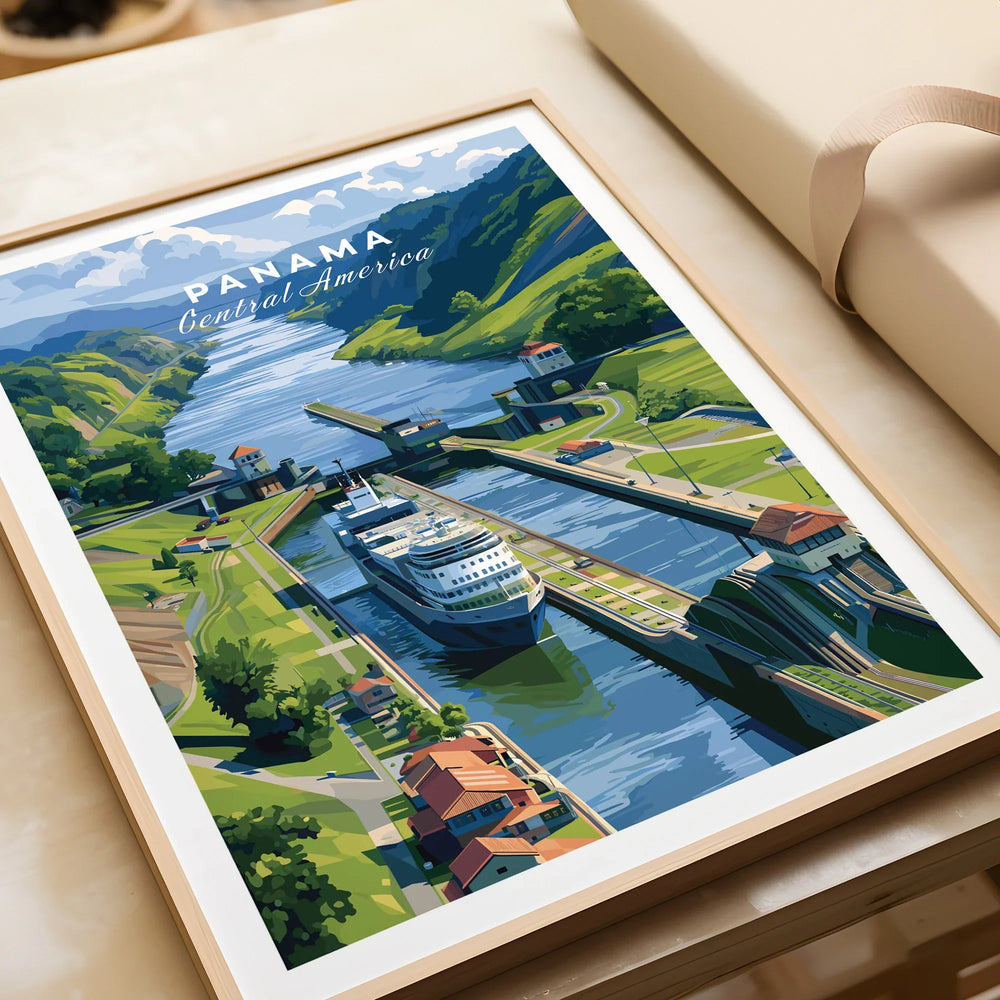 Panama Central America travel poster featuring canal, cruise ship, and lush green hills for home decor