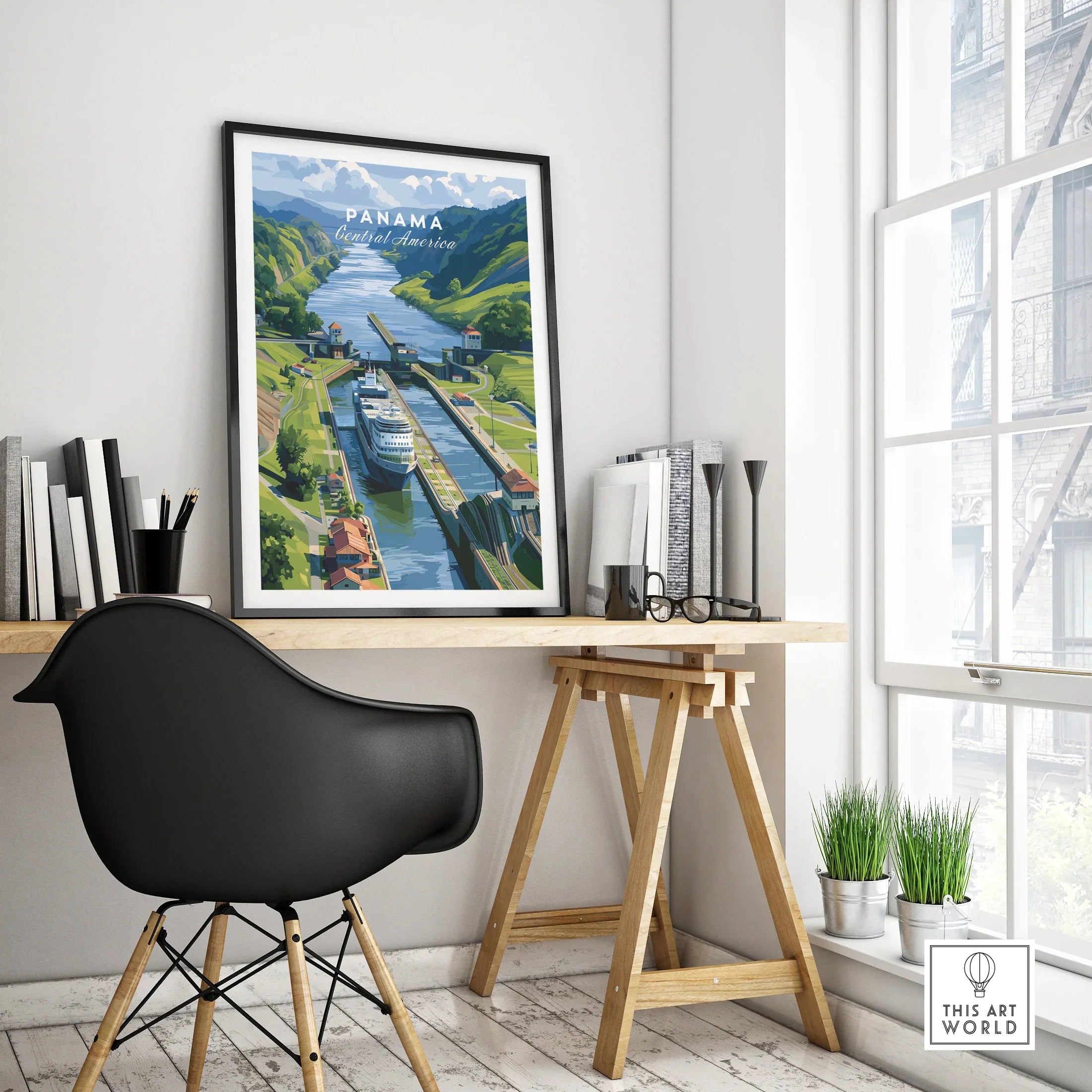 Panama Central America travel poster featuring canal and cruise ship, perfect for home decor