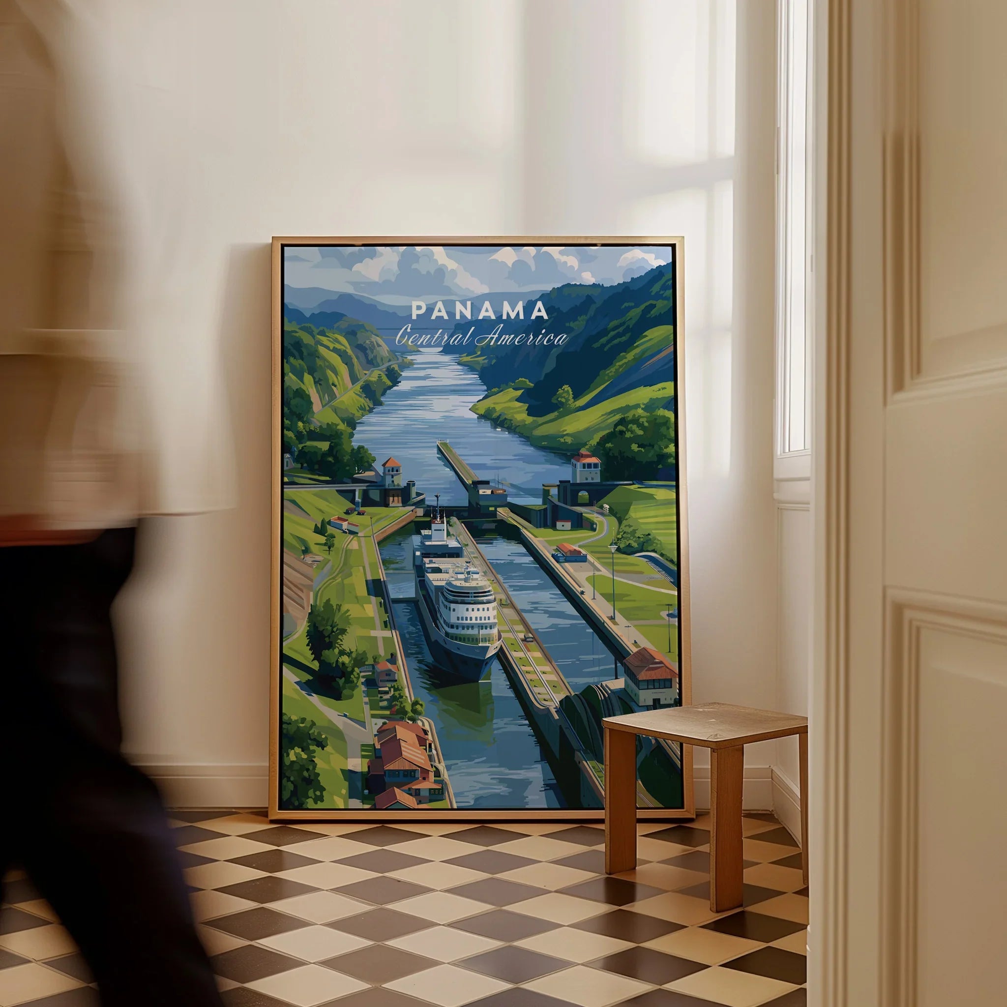 Panama Central America travel poster featuring canal, ship, and lush green hills for home decor