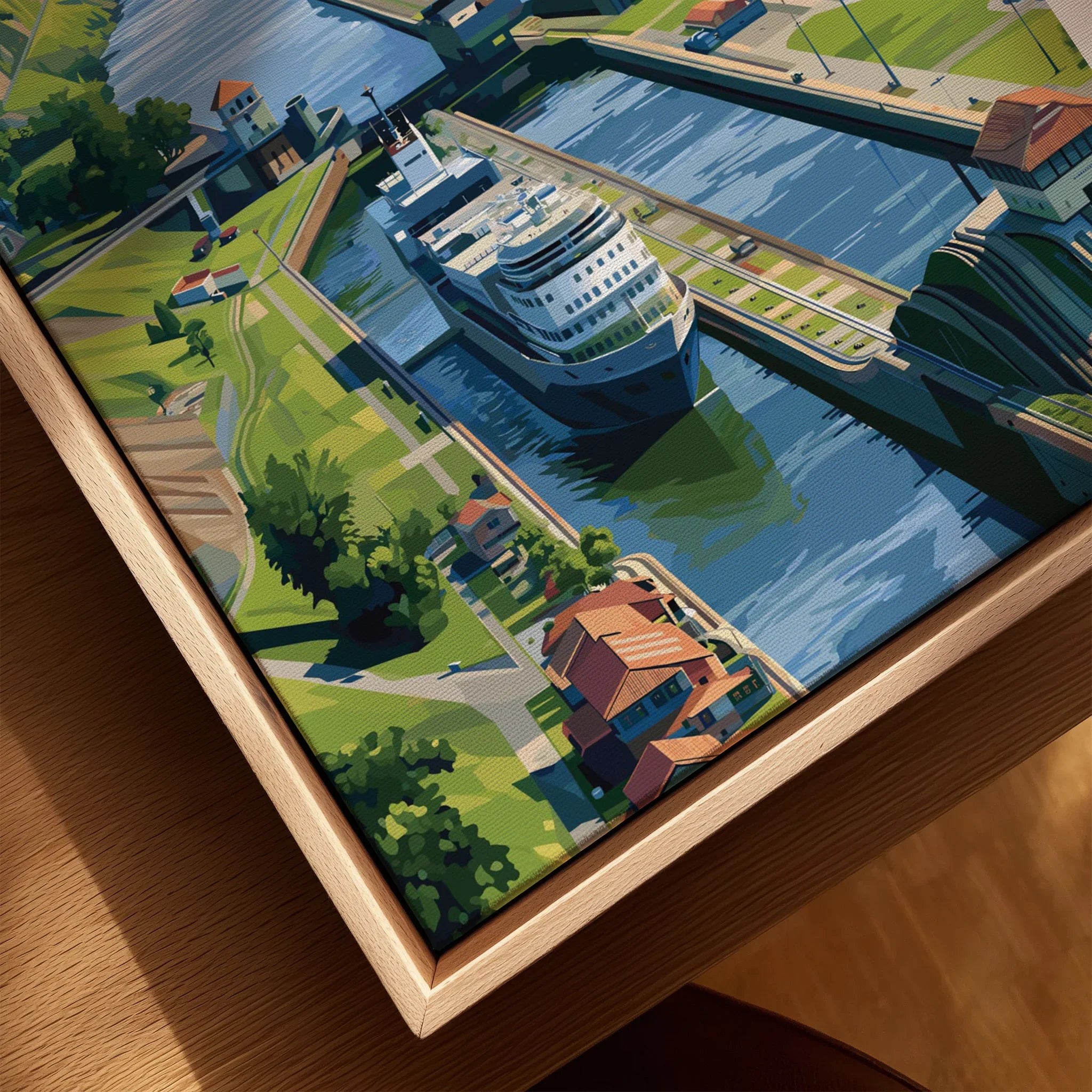 Cruise ship in canal with green landscapes and houses, travel poster wall art