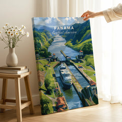 Panama Central America travel poster featuring canal, lush green hills, and a cruise ship for home decor