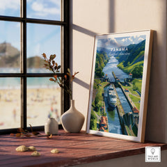 Panama Central America travel poster featuring canal, lush hills, and cruise ship for home decor