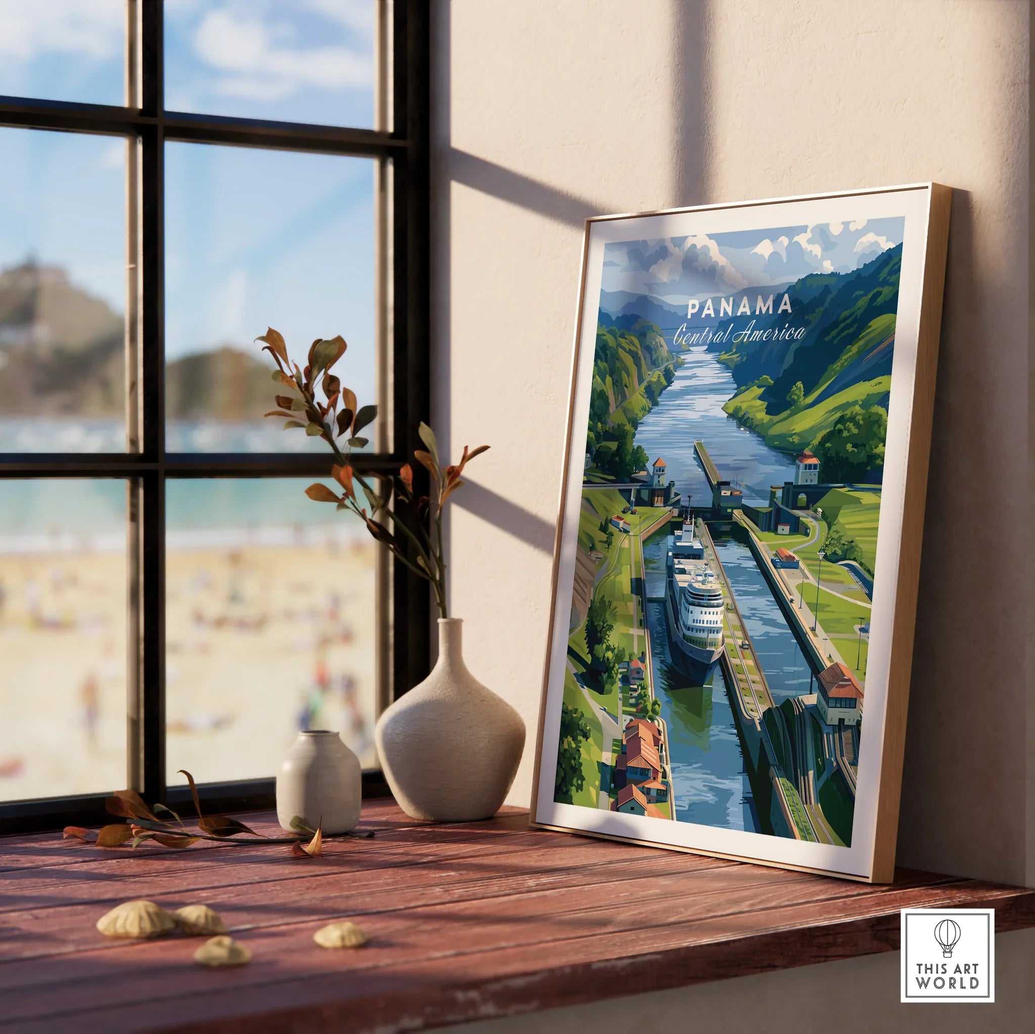 Panama Central America travel poster featuring canal, lush hills, and cruise ship for home decor