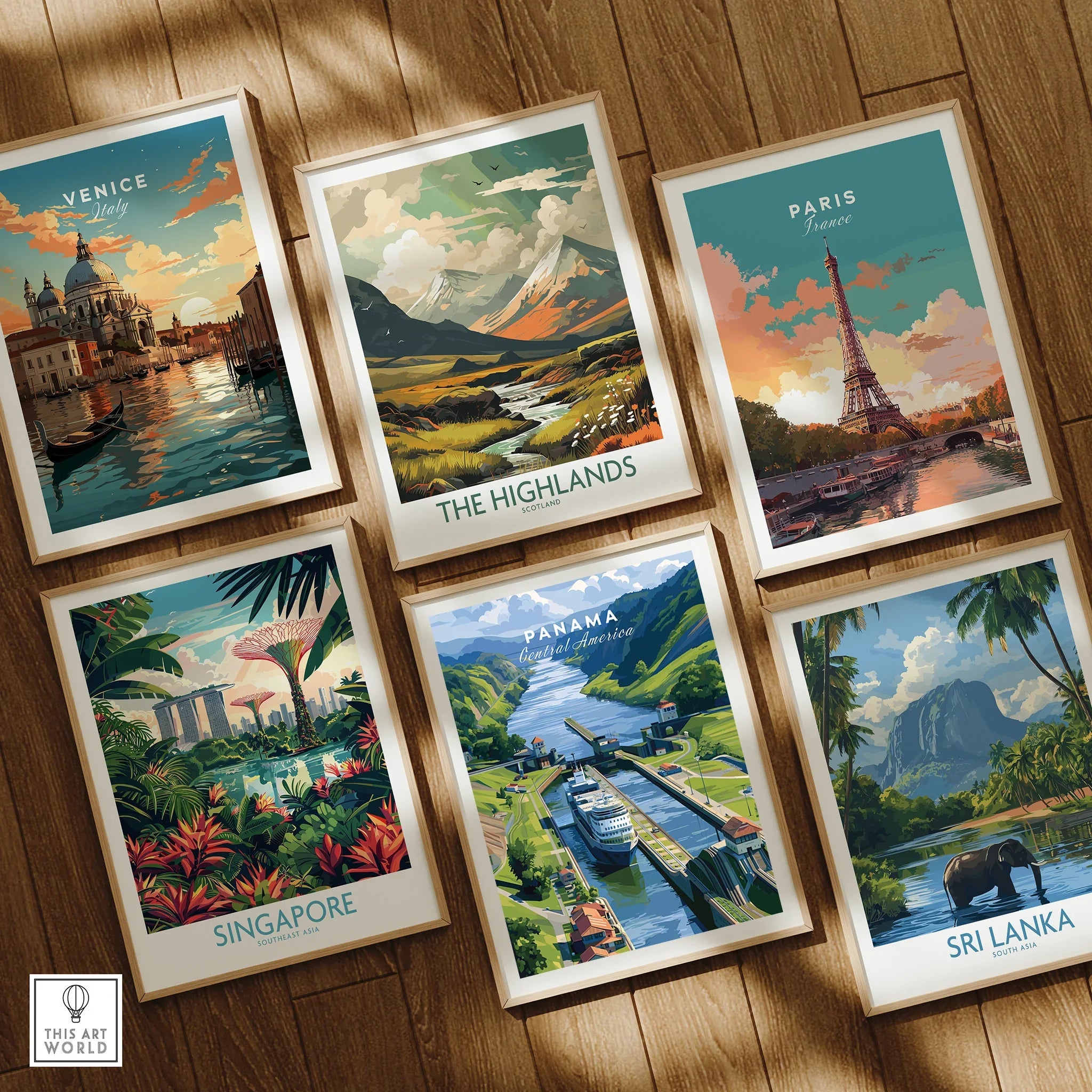 Travel posters featuring Venice, Paris, Singapore, Panama, Sri Lanka, and The Highlands for home decor