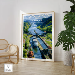 Panama Central America travel poster featuring canal, cruise ship, and lush green hills for home decor