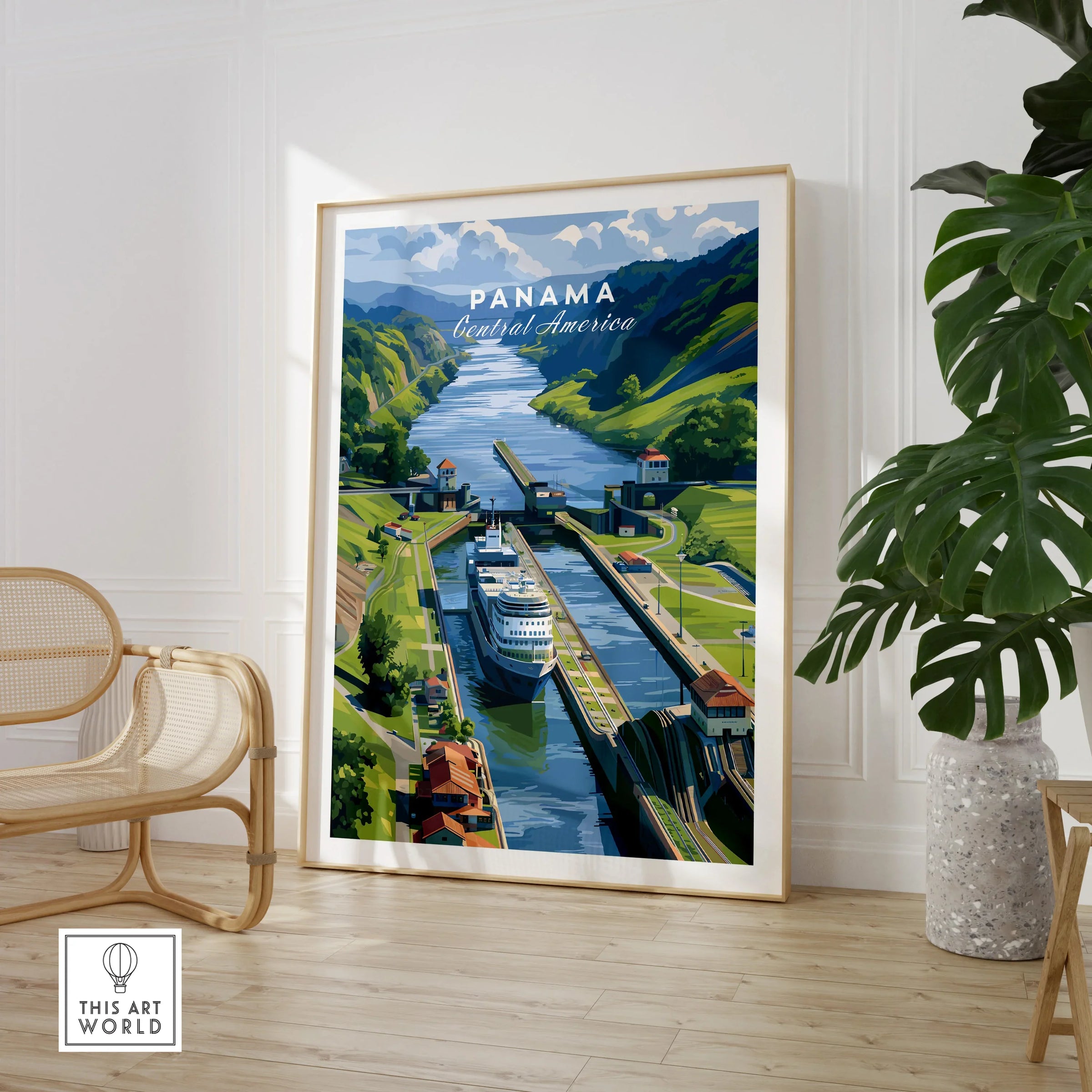 Panama Central America travel poster featuring canal, cruise ship, and lush green hills for home decor