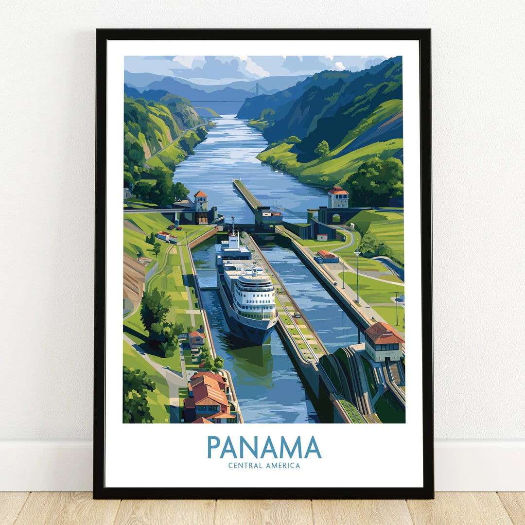 Panama Canal travel poster with cruise ship, lush green hills, and vibrant Central America scenery