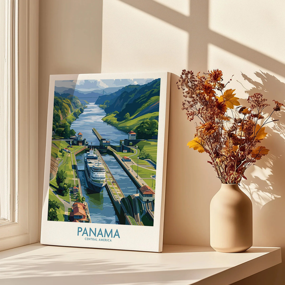 Panama Canal travel poster with cruise ship, lush green hills, and vibrant cityscape for home decor