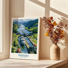 Panama Canal travel poster with cruise ship, lush green hills, and vibrant cityscape for home decor